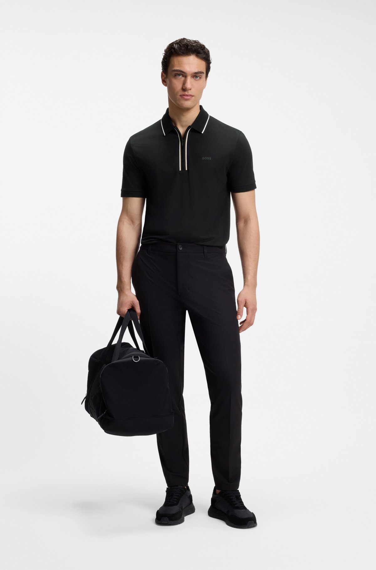 Active Slim-fit polo shirt in moisture-wicking stretch cotton, Black