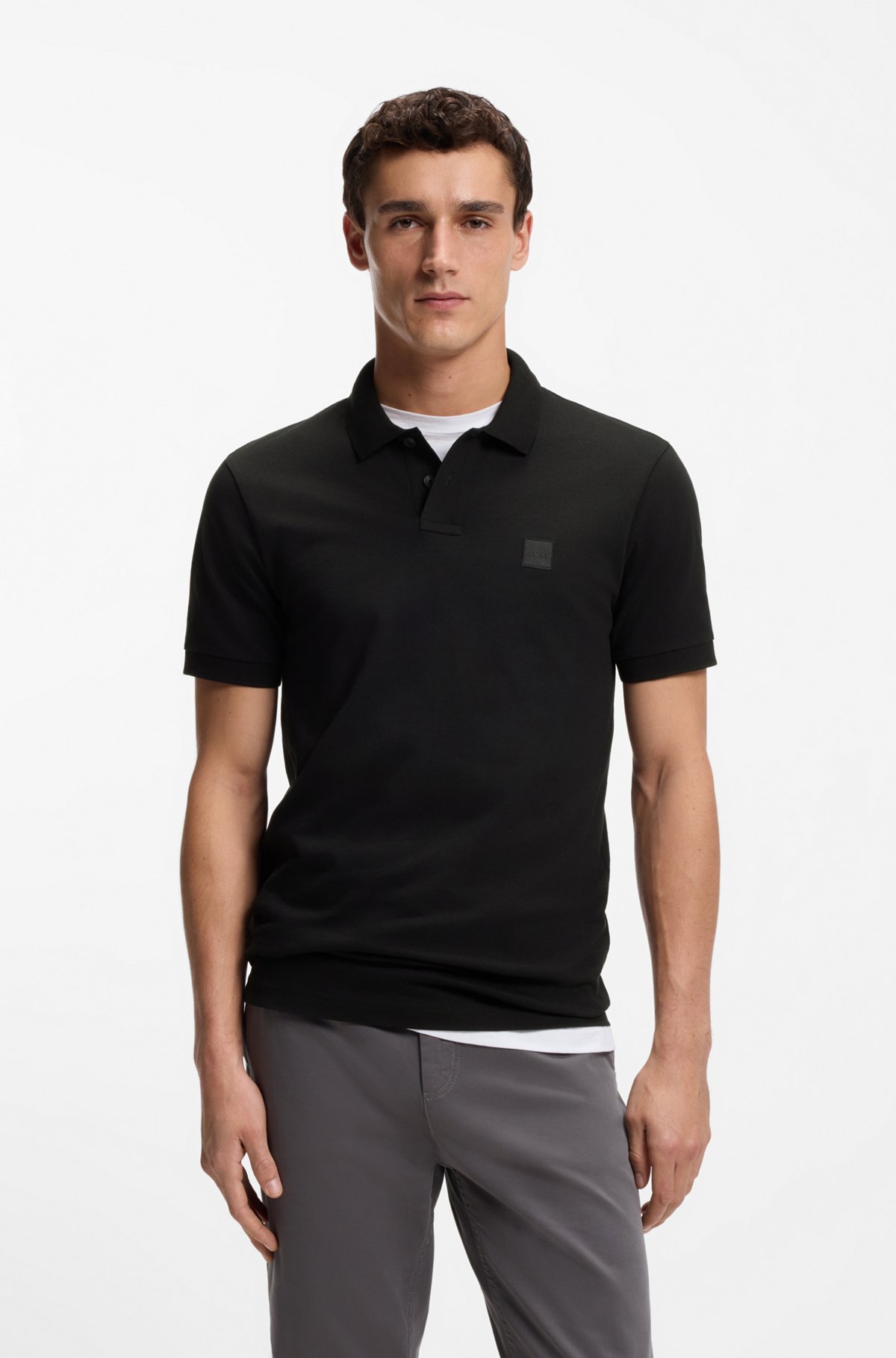 Stretch-cotton slim-fit polo shirt with logo patch, Black