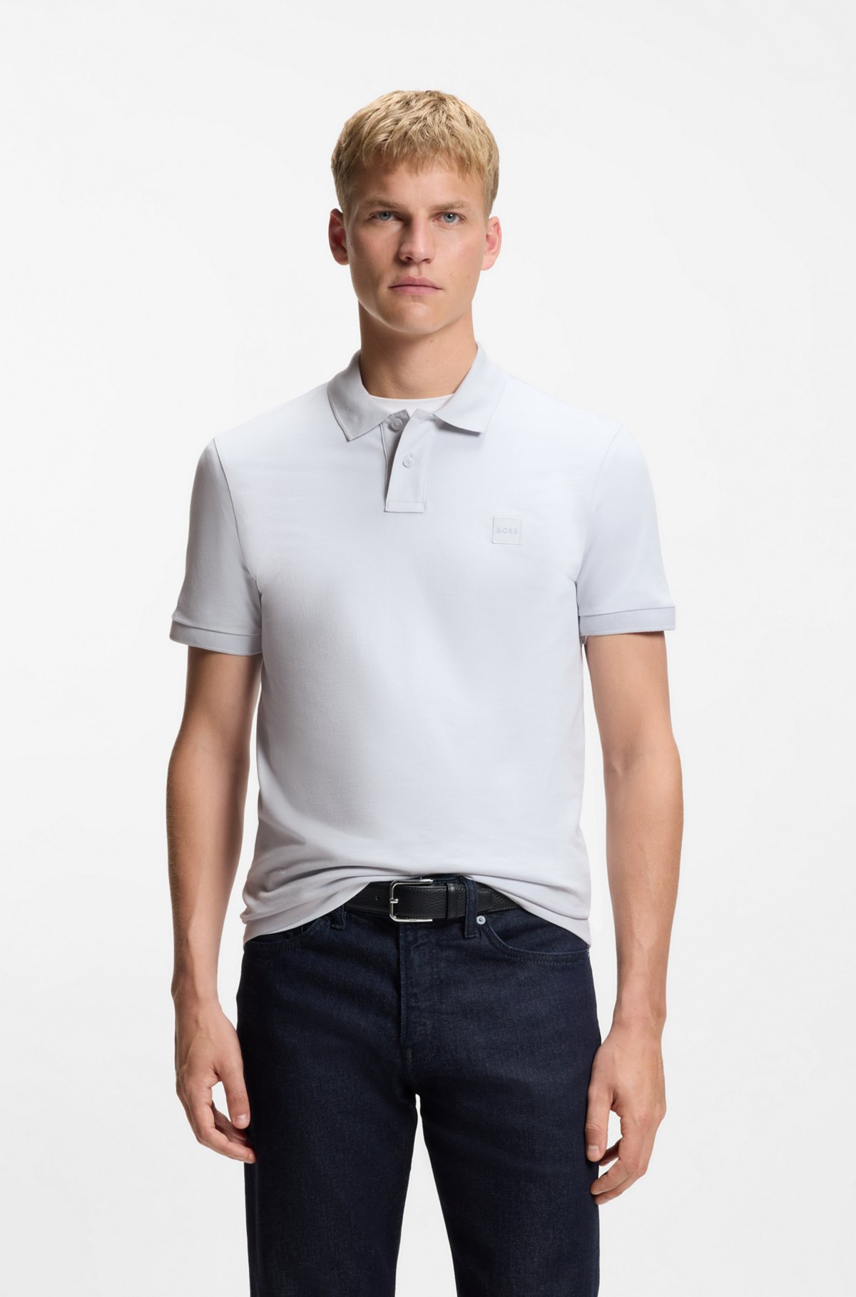 Stretch-cotton slim-fit polo shirt with logo patch, Light Grey