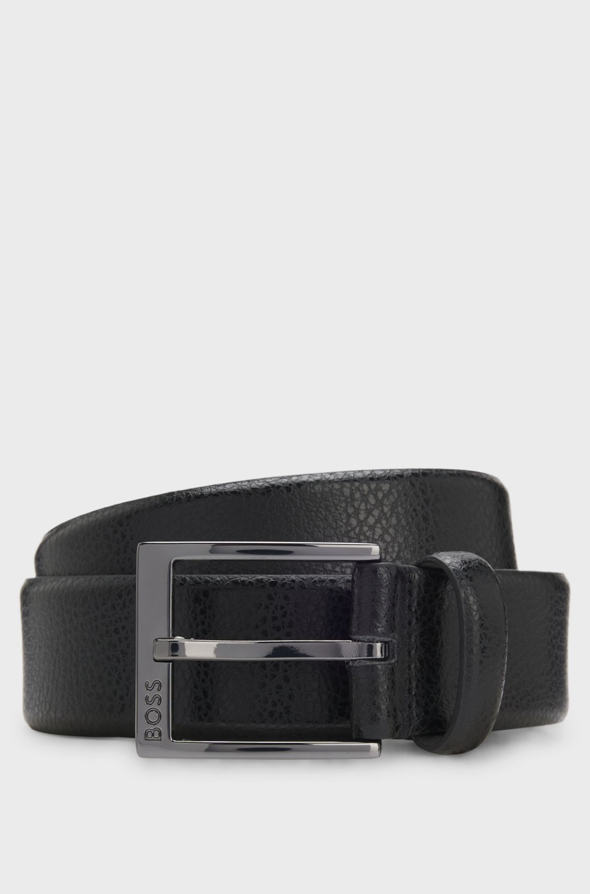 Grained Italian-leather belt with gunmetal pin buckle, Black