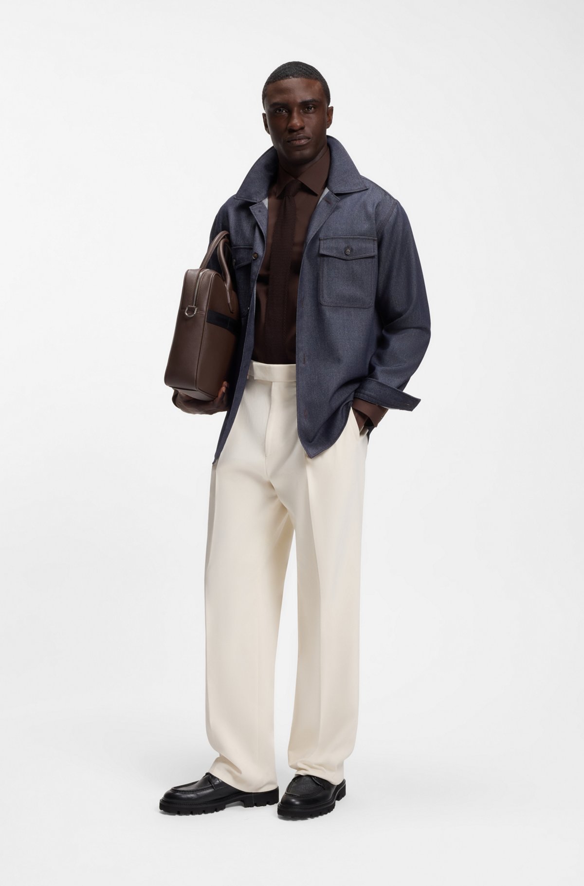 Slim-fit stretch-cotton shirt, Dark Brown