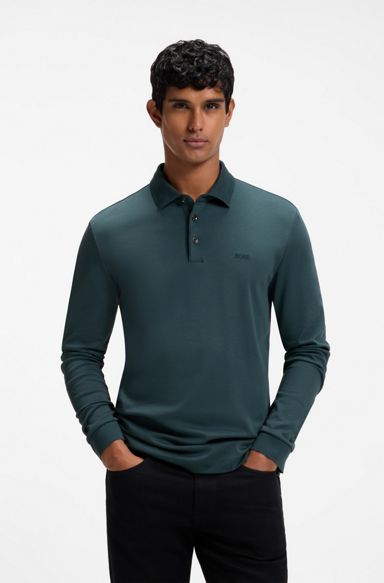 Long-sleeved polo shirt in interlock cotton with logo, Dark Green