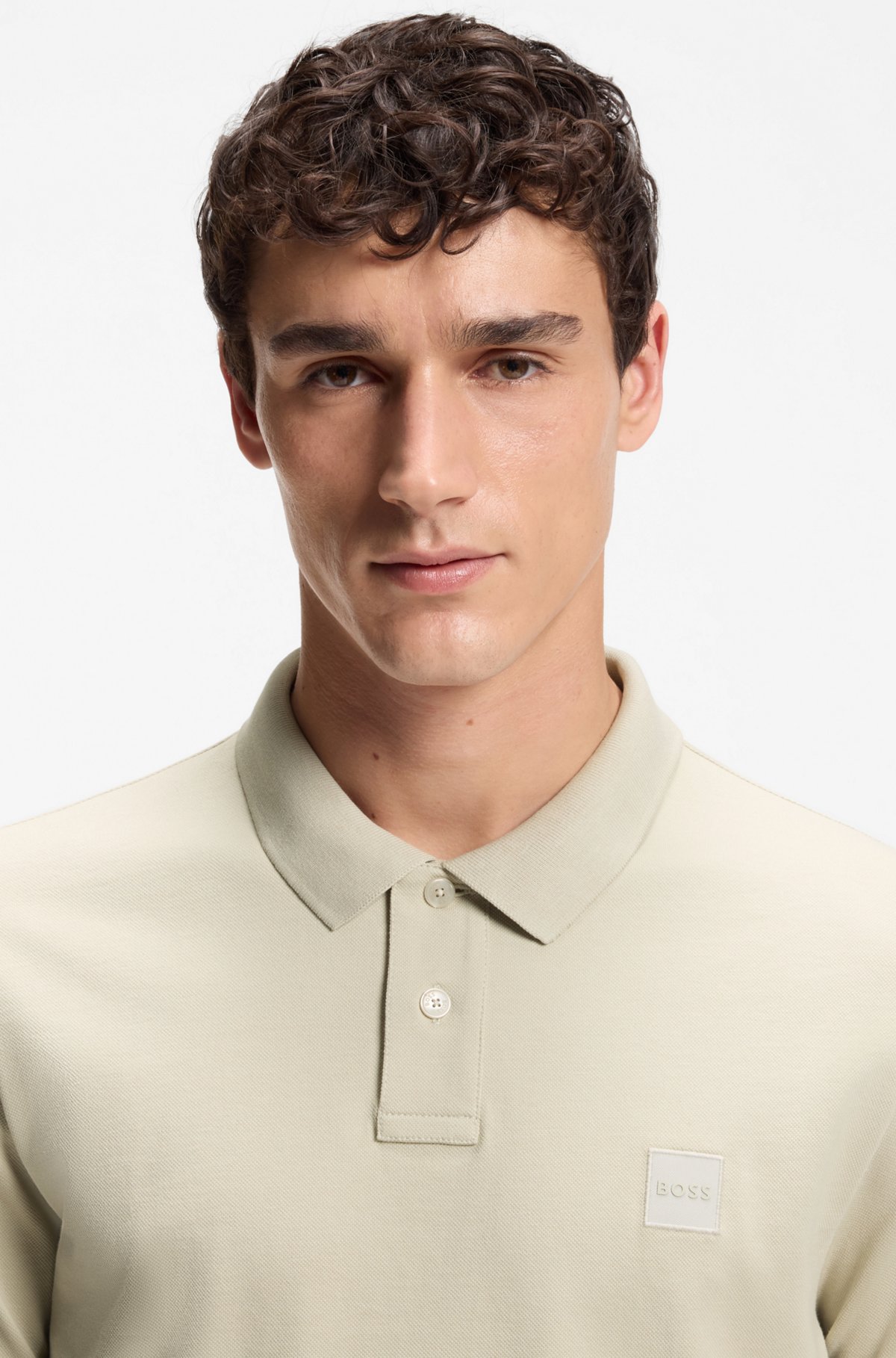 Stretch-cotton slim-fit polo shirt with logo patch, Light Beige