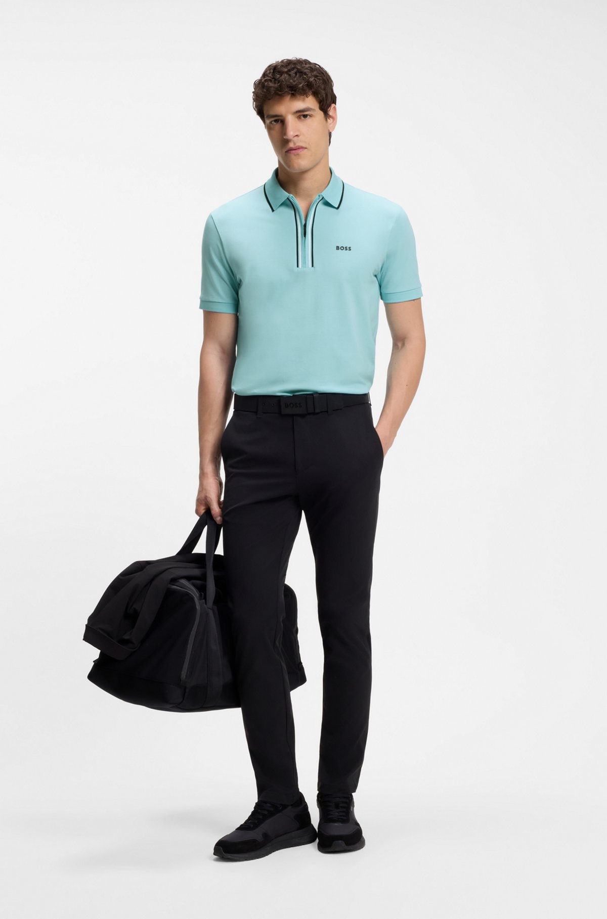 Active Slim-fit polo shirt in moisture-wicking stretch cotton, Light Blue