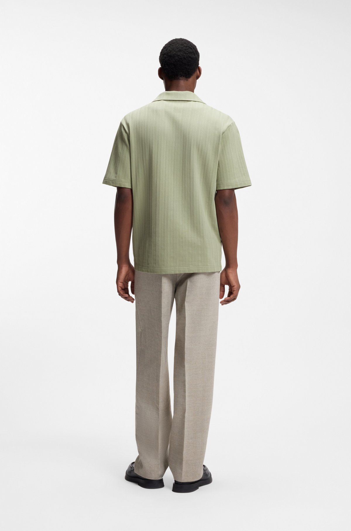 Johnny-collar polo shirt with jacquard stripe, Light Green