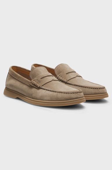 Suede loafers with logo penny trim, Beige