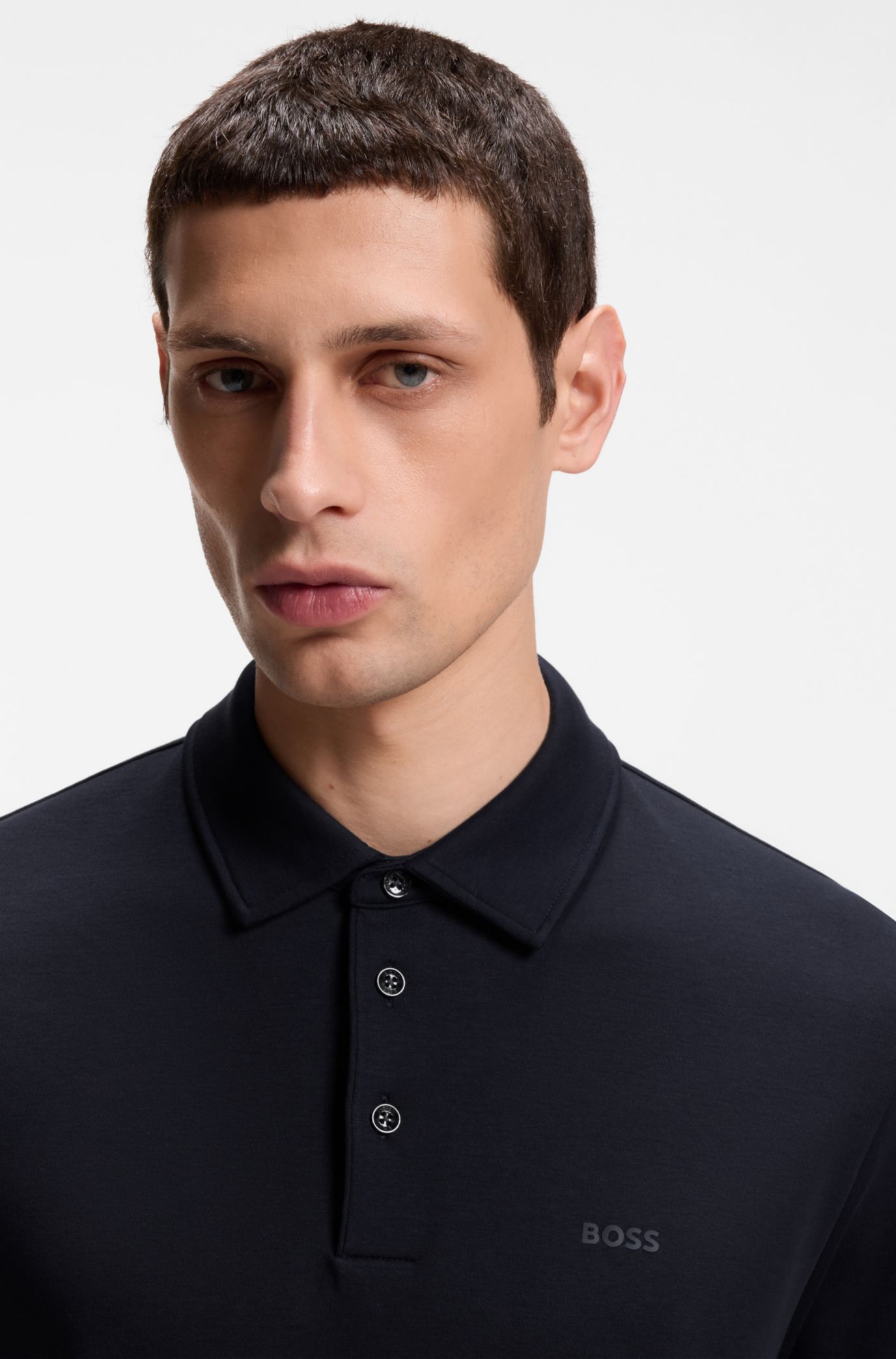 Slim-fit polo shirt in interlock cotton, Dark Blue
