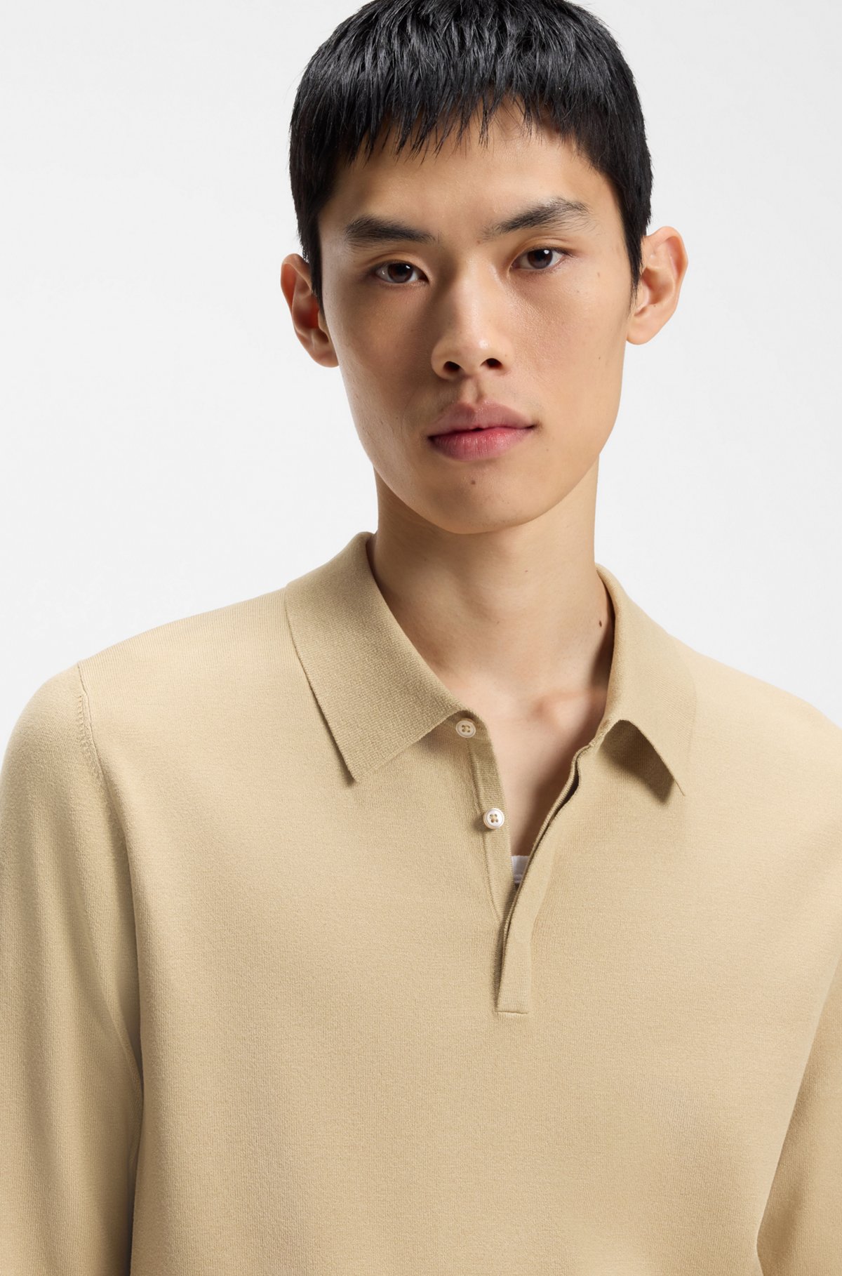 Slim-fit knit polo, Beige