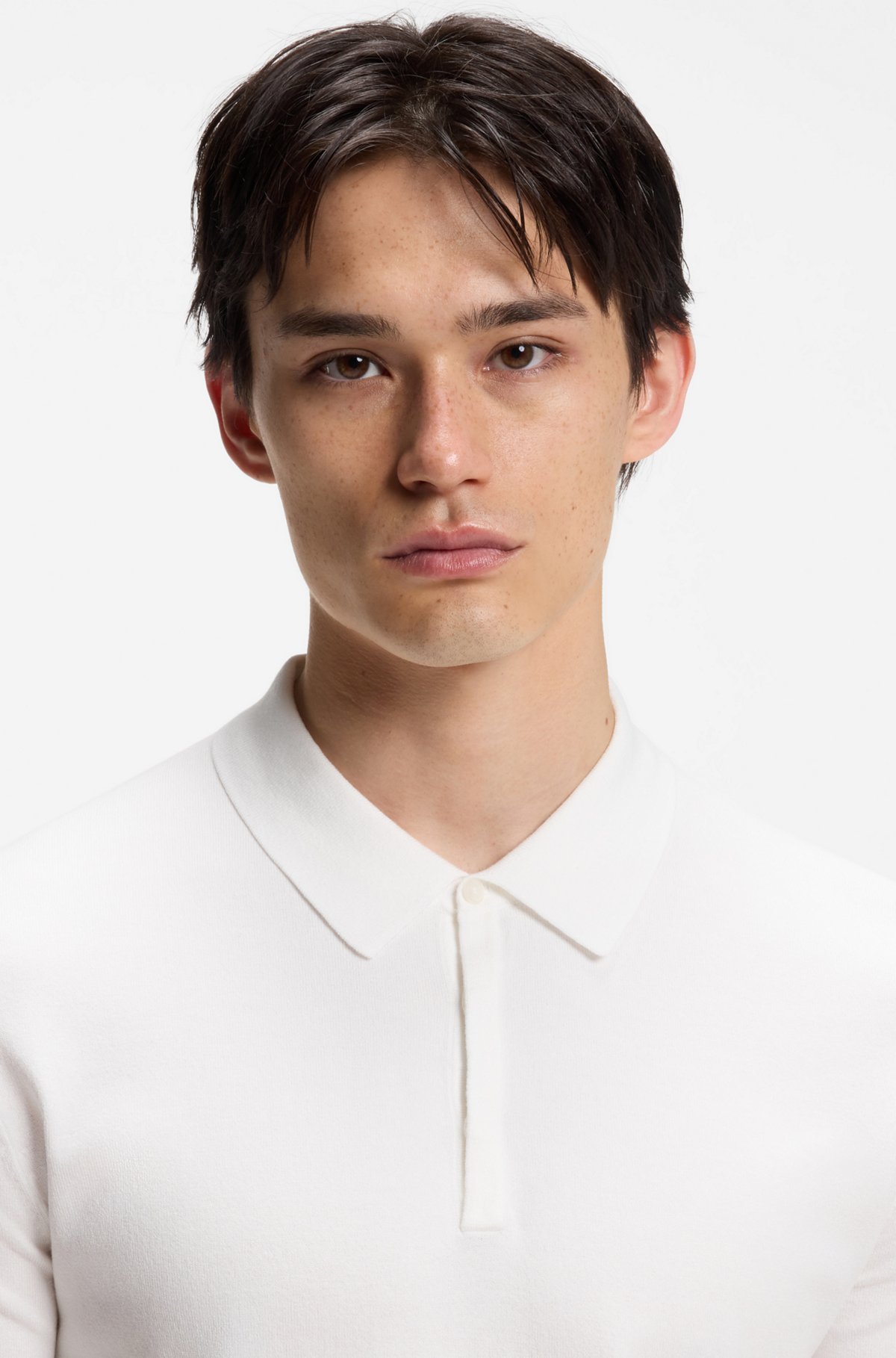 Knit polo with covered placket, Natural