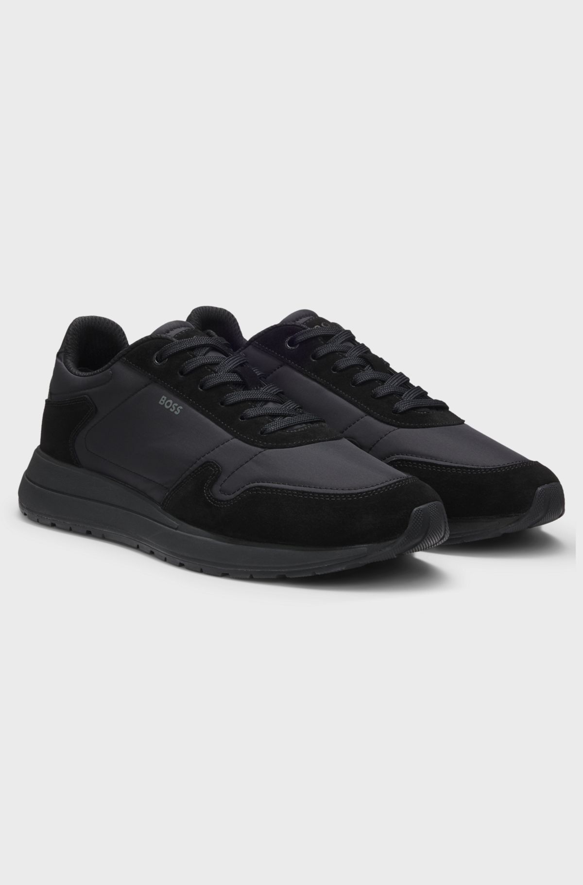 Lace-up trainers in lightweight fabric with suede trims, Black