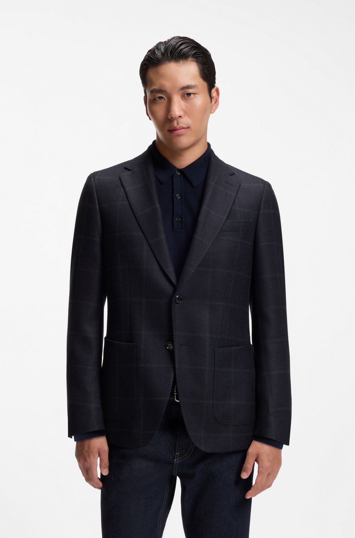 Slim-fit blazer in checked virgin wool, Dark Blue