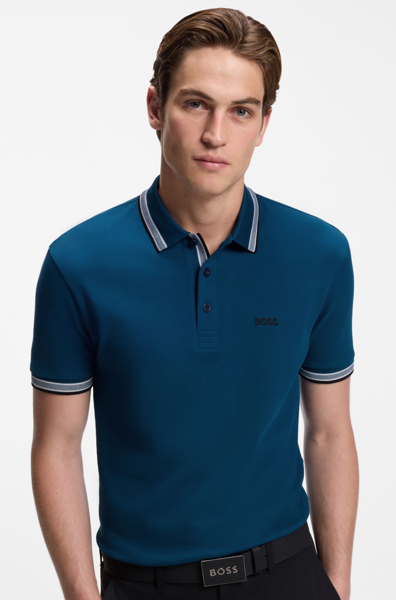 Cotton piqué polo shirt with logo details, Dark Blue