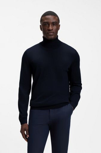 Slim-fit rollneck sweater in extra-fine merino wool, Dark Blue