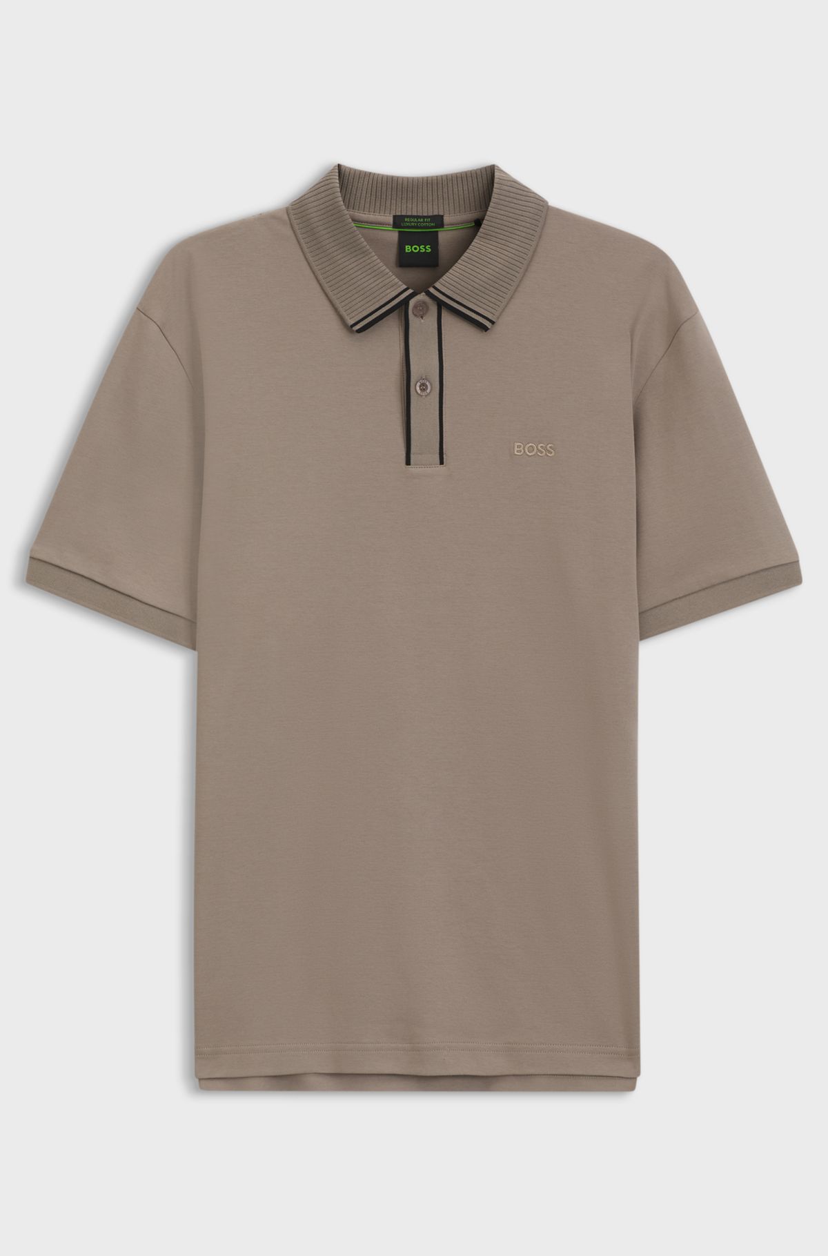 Striped-trim polo shirt in interlock cotton, Light Brown