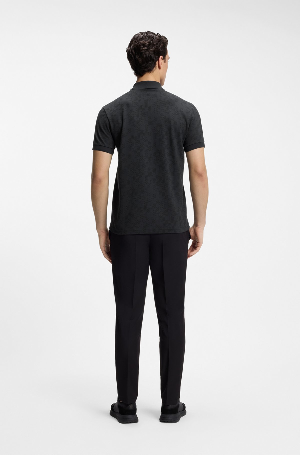 Cotton-piqué polo shirt with all-over print, Dark Blue
