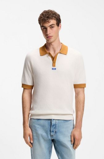 Waffle-knit polo in cotton with contrast trims, Natural