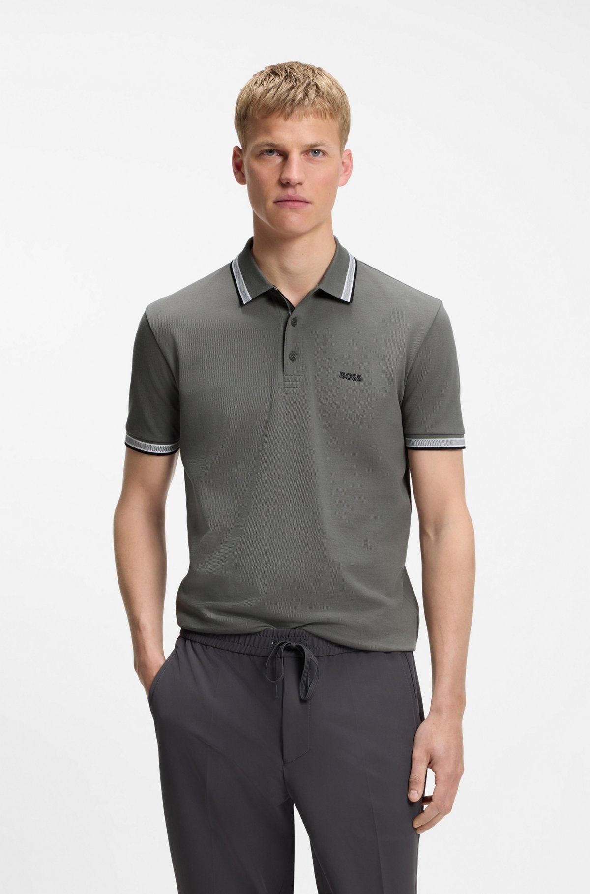 Cotton piqué polo shirt with logo details, Grey