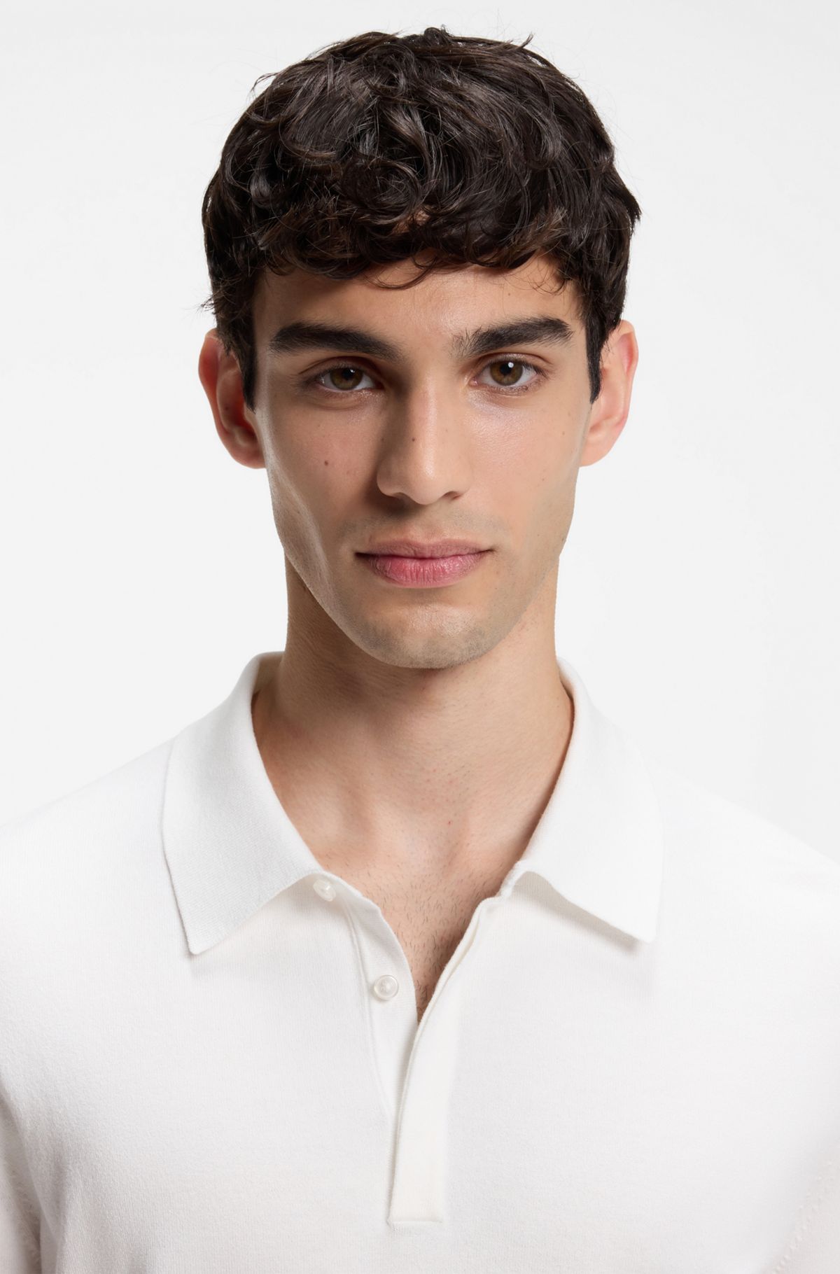 Slim-fit knit polo, Natural