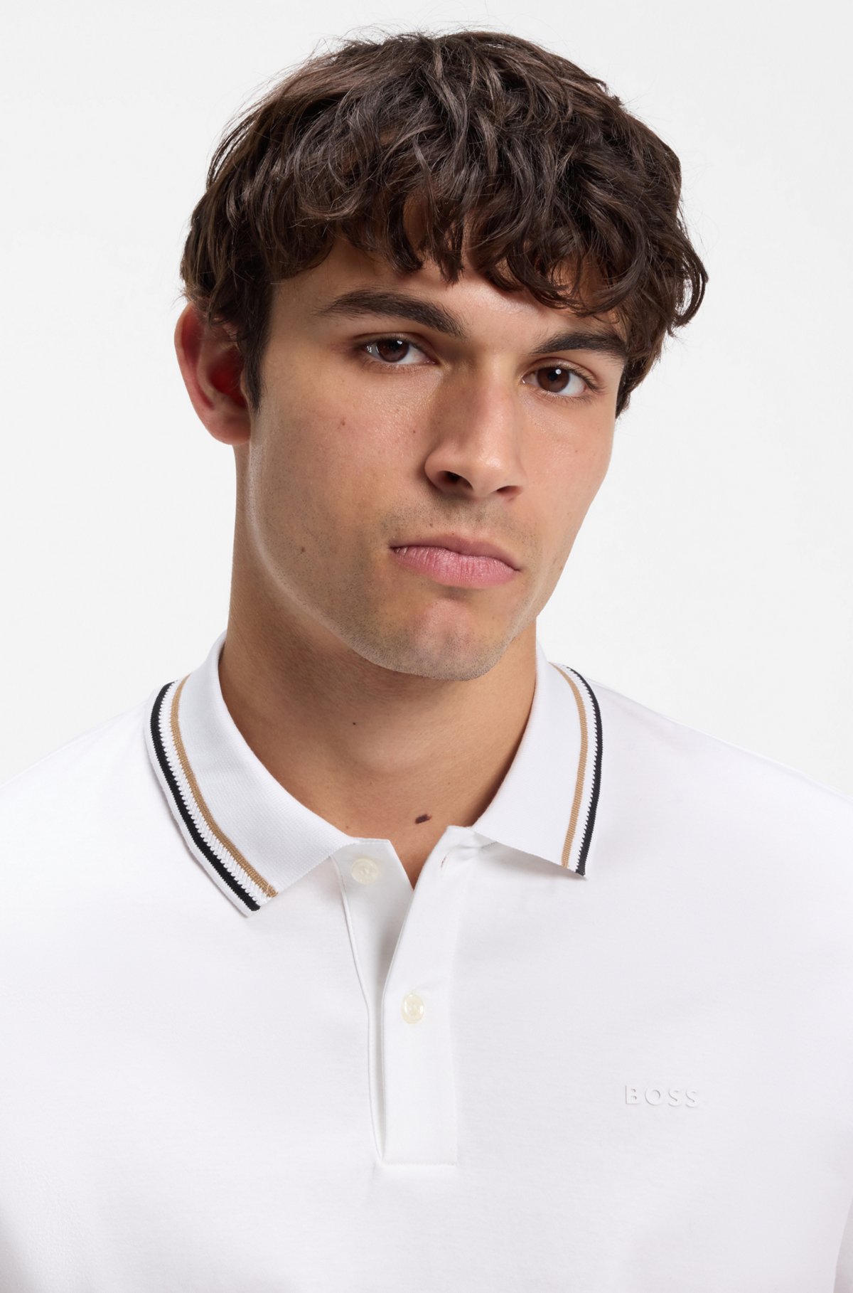 Slim-fit polo shirt in cotton with striped collar, White