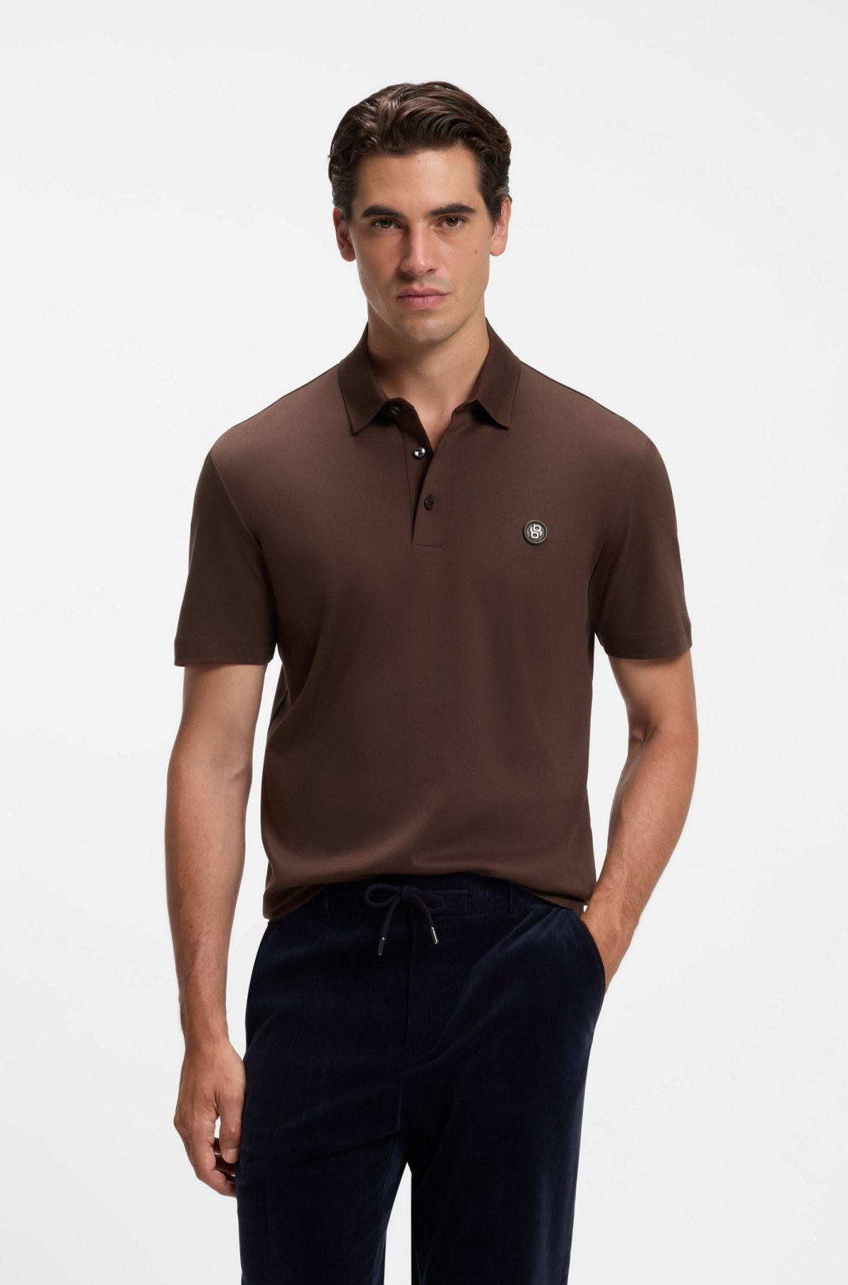 Polo shirt in mercerised cotton with Double B monogram, Dark Brown