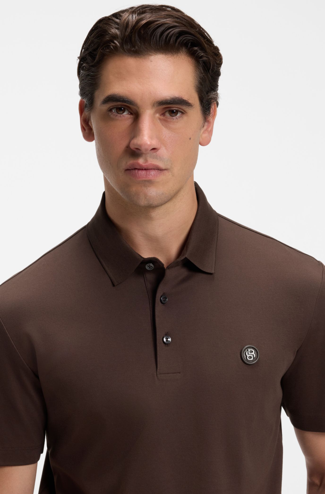 Polo shirt in mercerised cotton with Double B monogram, Dark Brown