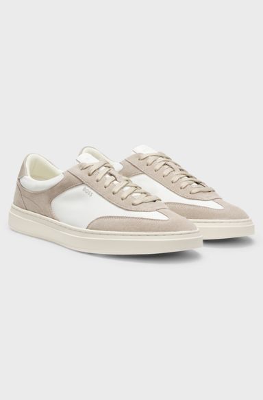 Lace-up trainers with suede trims, Natural