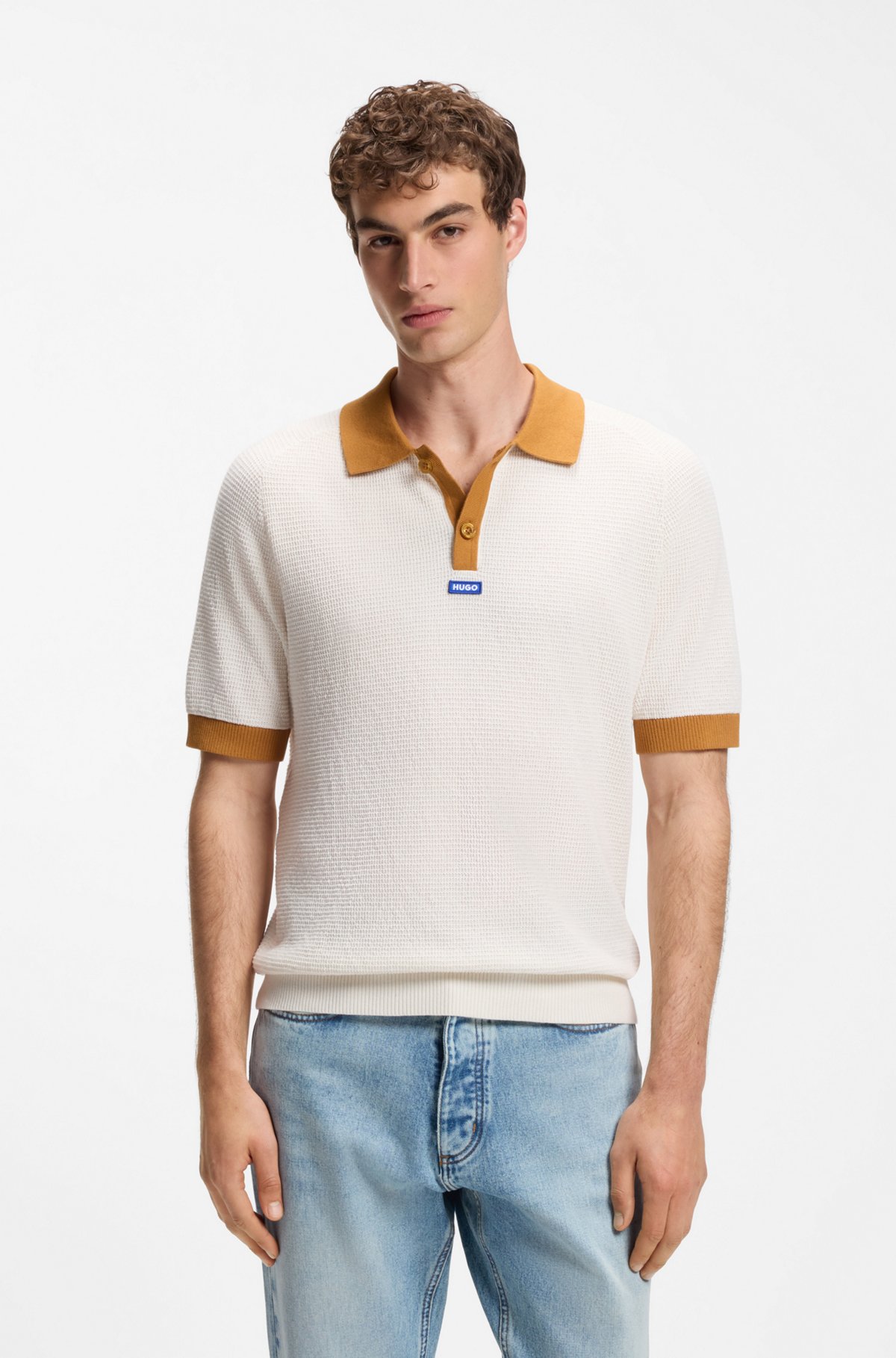 Waffle-knit polo in cotton with contrast trims, Natural