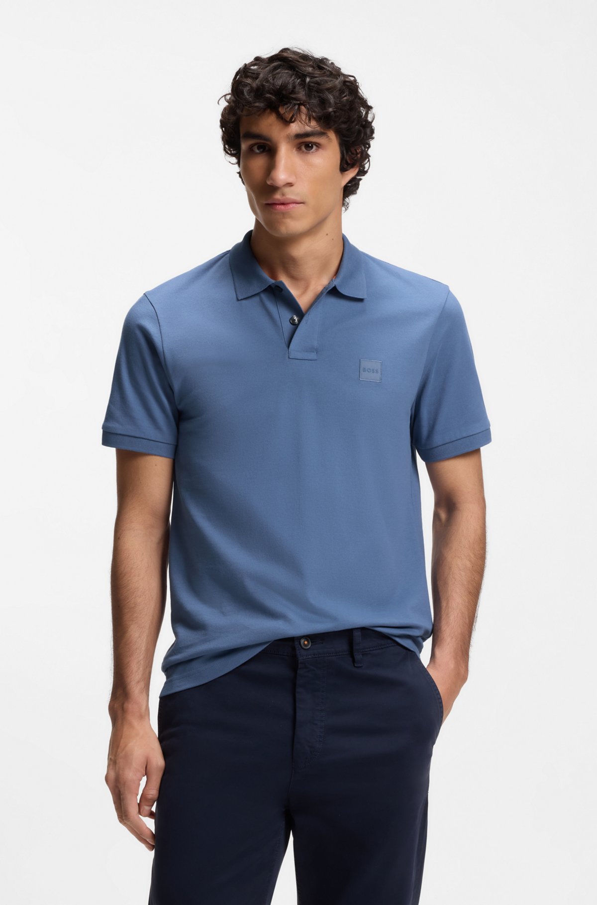 Stretch-cotton slim-fit polo shirt with logo patch, Blue