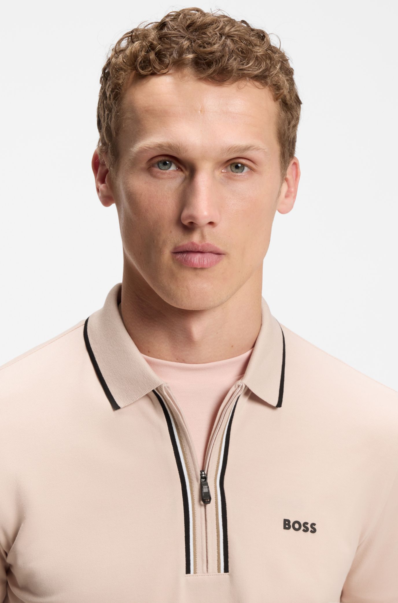 Active Slim-fit polo shirt in moisture-wicking stretch cotton, Light Pink