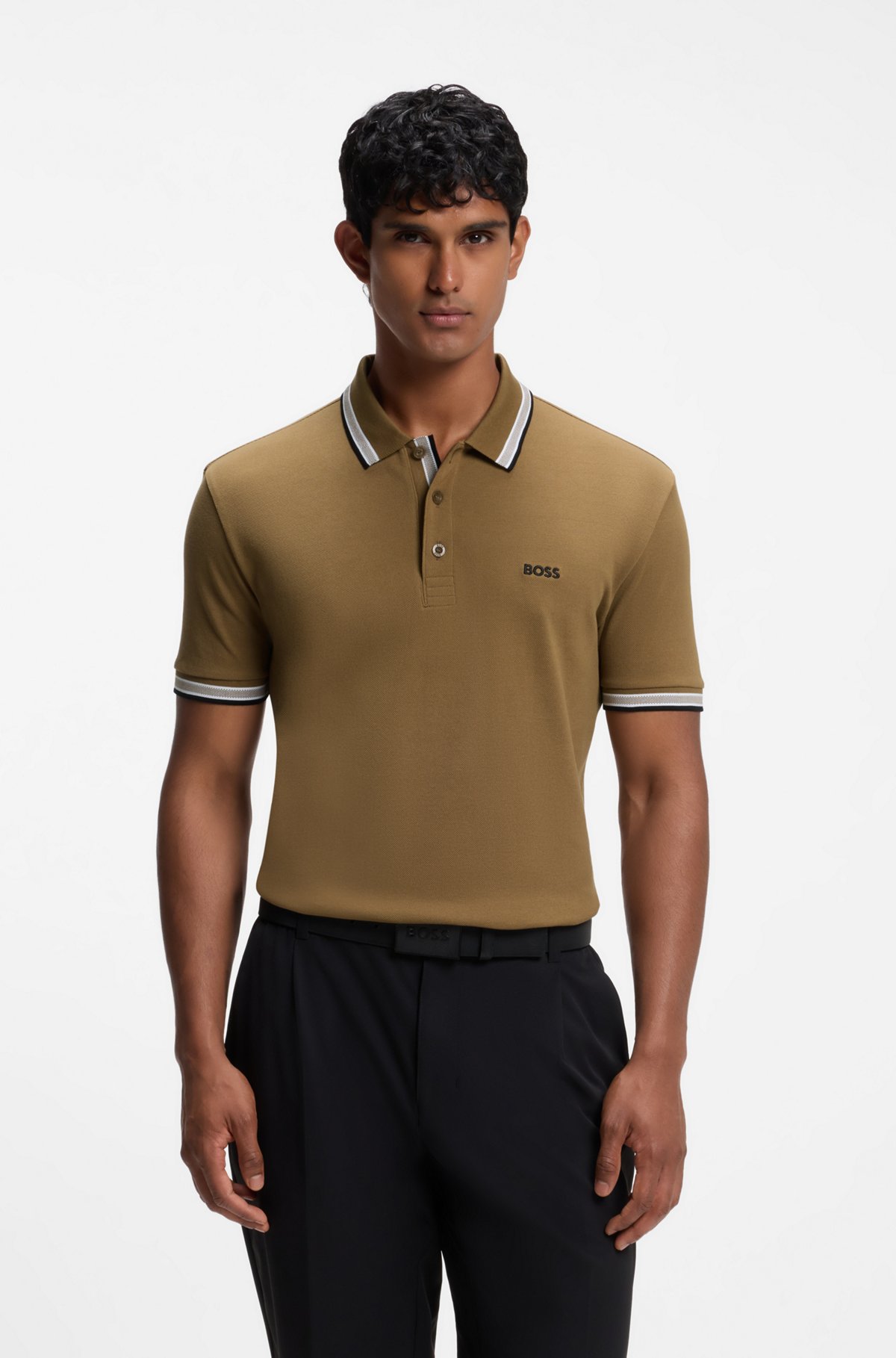 Cotton piqué polo shirt with logo details, Brown
