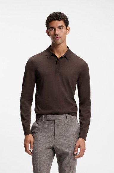 Merino-wool polo sweater, Dark Brown
