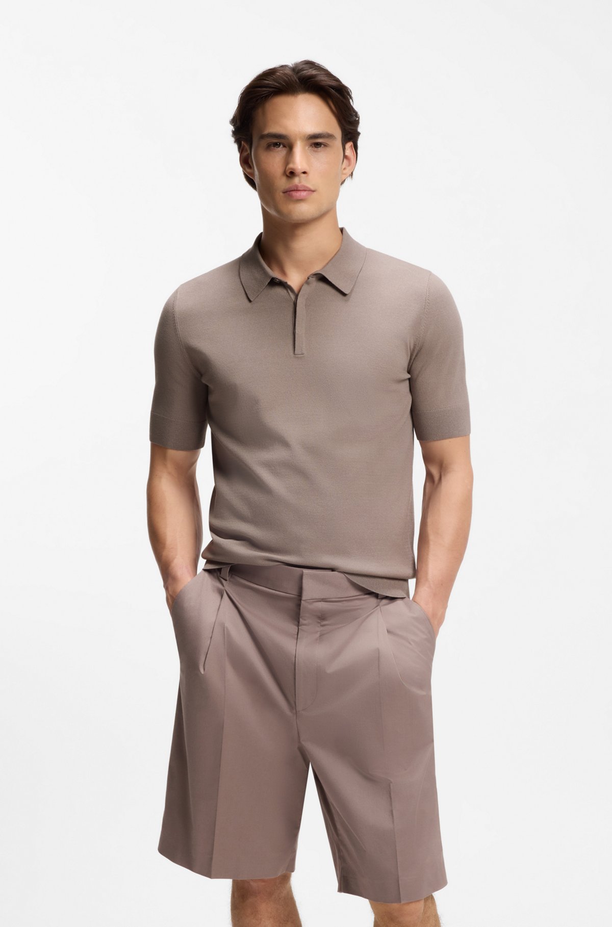 Knit polo with covered placket, Light Brown