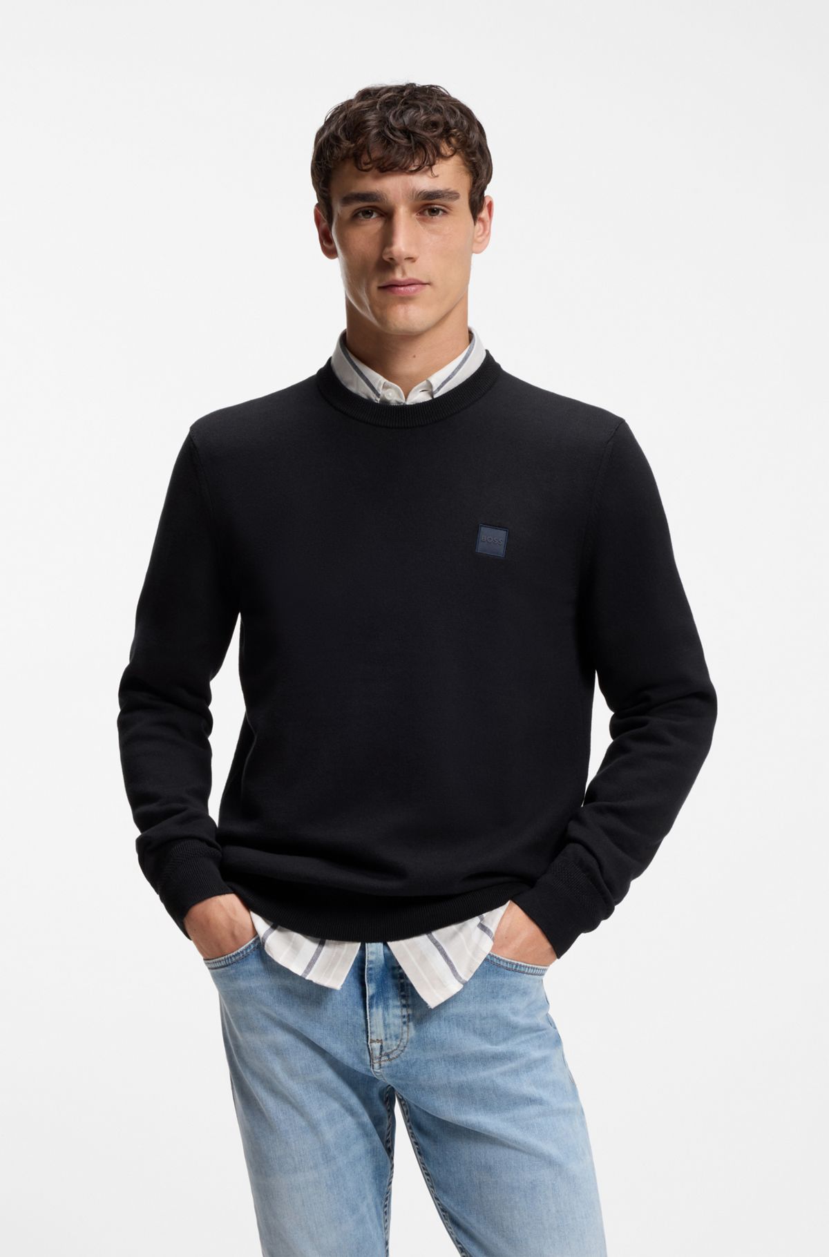 Cotton-blend sweater with logo patch, Dark Blue