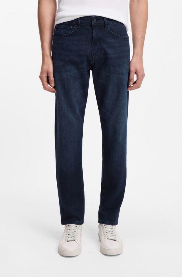 Tapered-fit jeans in pure-blue stretch denim, Dark Blue