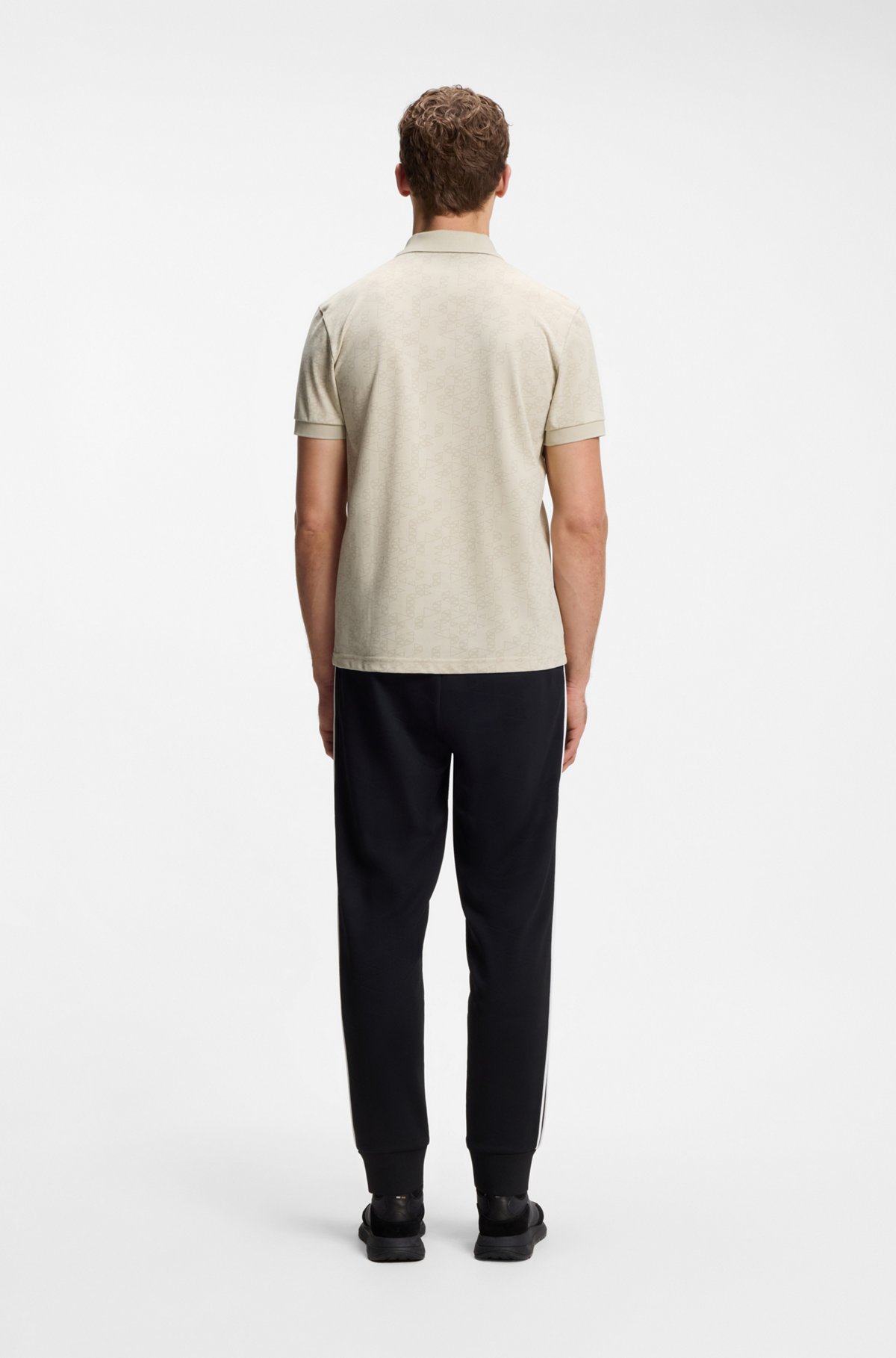 Cotton-piqué polo shirt with all-over print, Light Beige