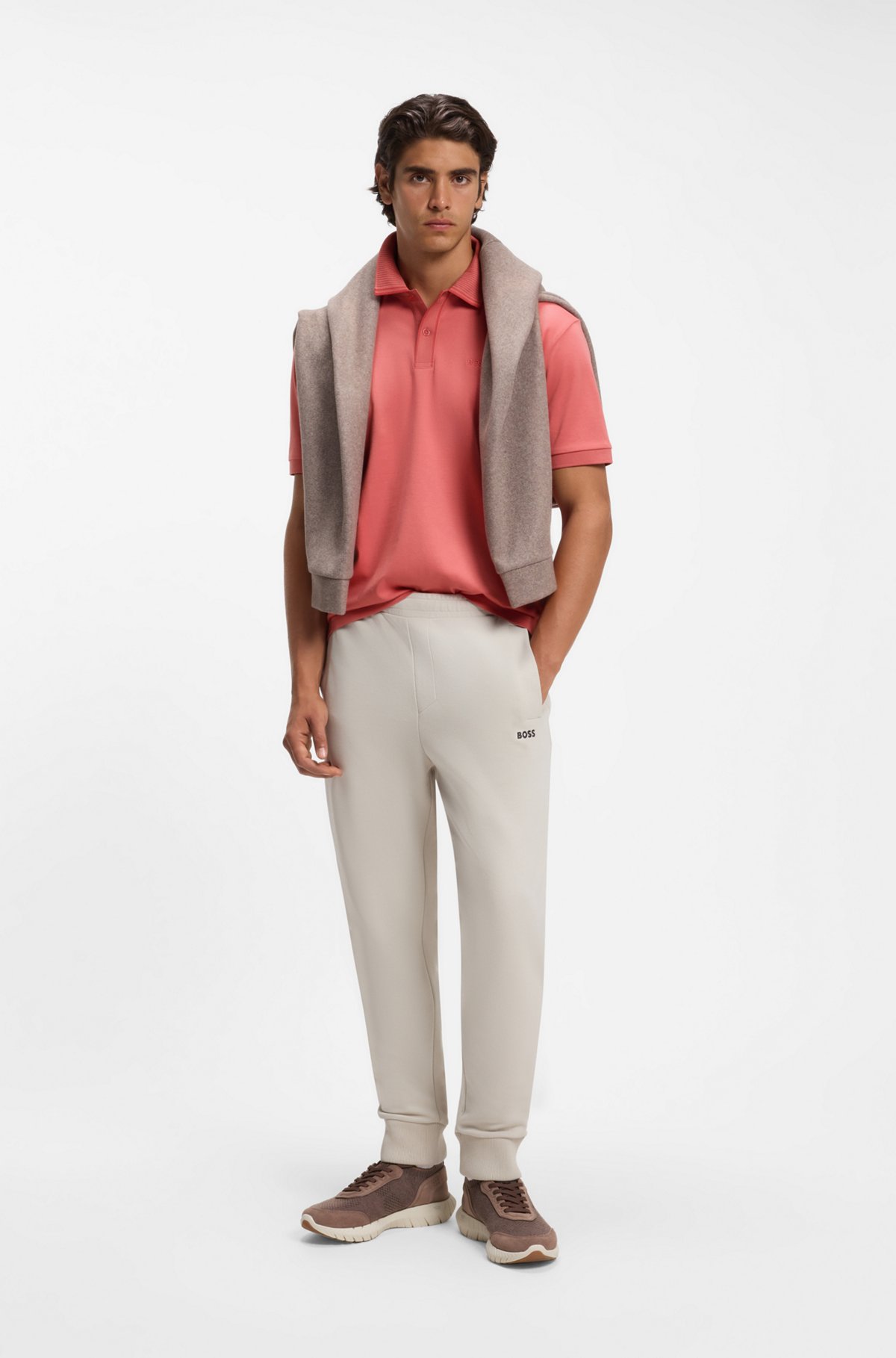 Striped-trim polo shirt in interlock cotton, Coral