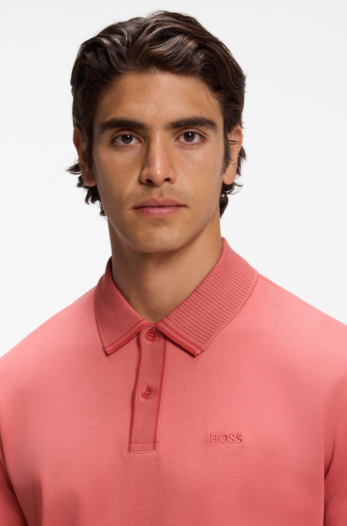Striped-trim polo shirt in interlock cotton, Coral