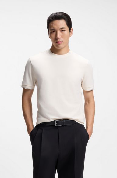 Structured-cotton T-shirt with cuff stripes, Natural
