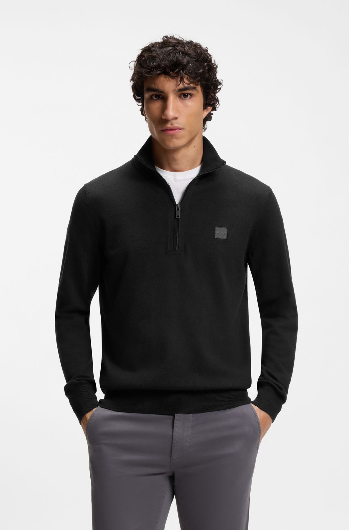 Cotton-cashmere sweater with zip collar, Dark Blue