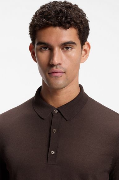 Merino-wool polo sweater, Dark Brown