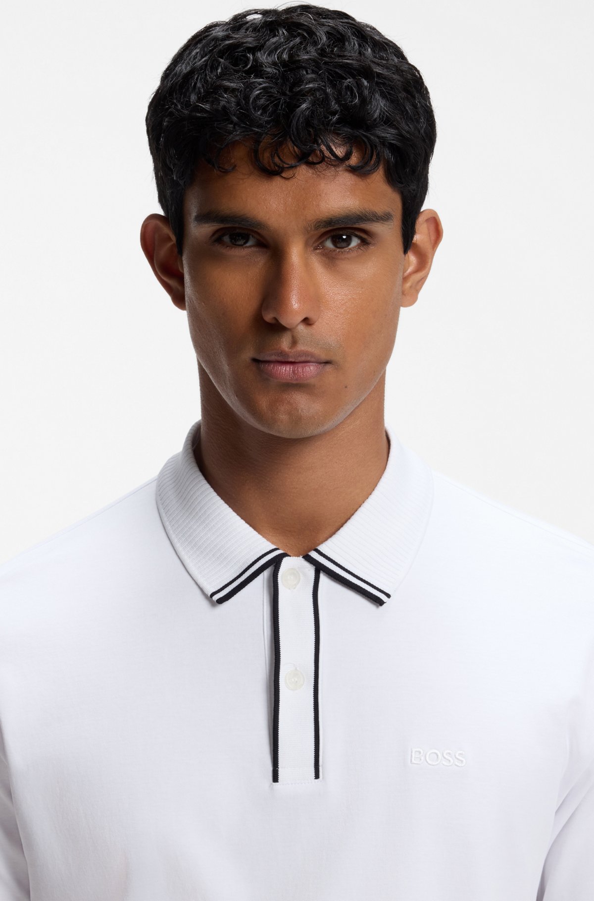 Striped-trim polo shirt in interlock cotton, White