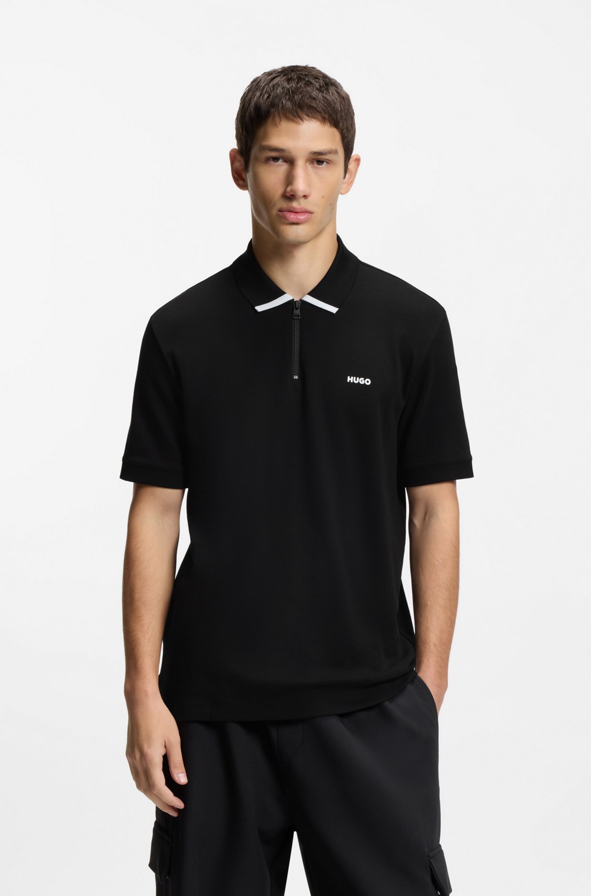 Cotton piqué polo shirt with zip neckline, Black