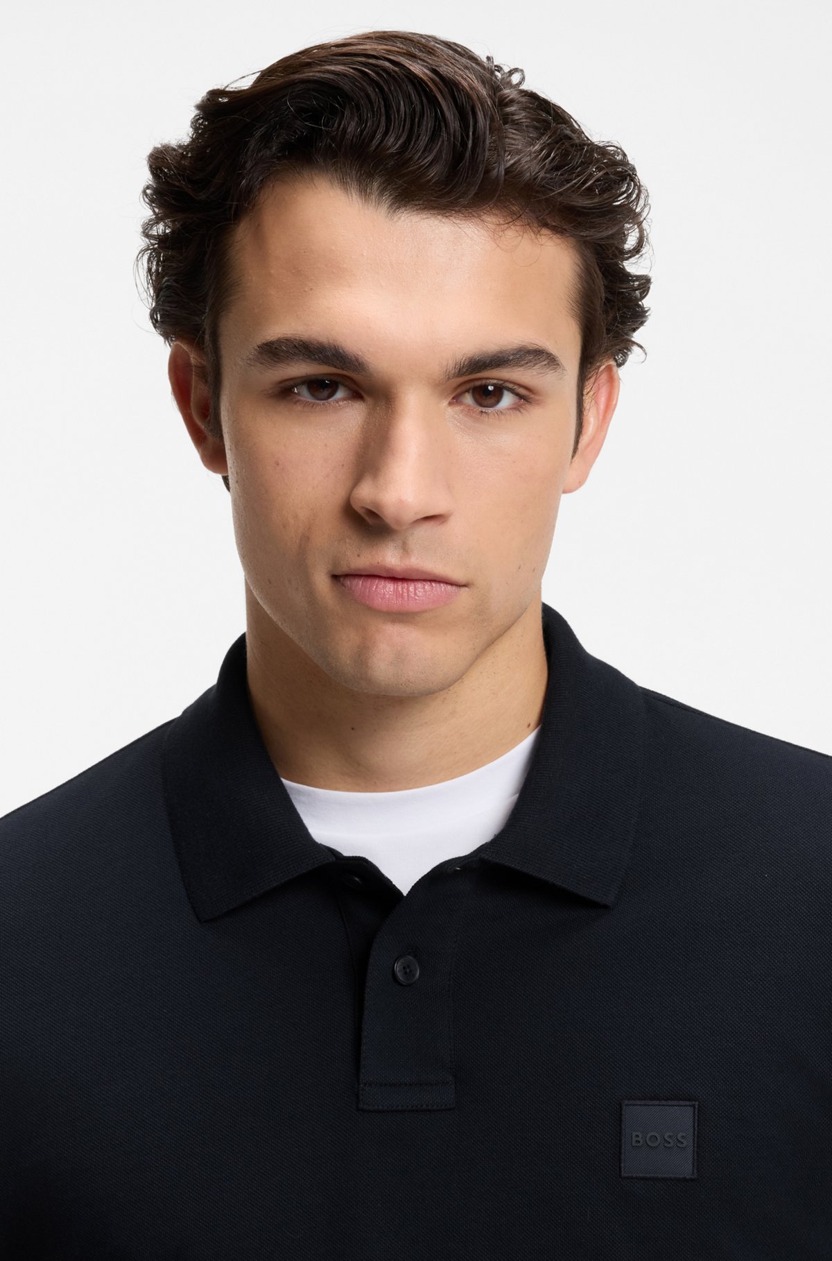 Slim-fit polo shirt in stretch-cotton piqué, Dark Blue