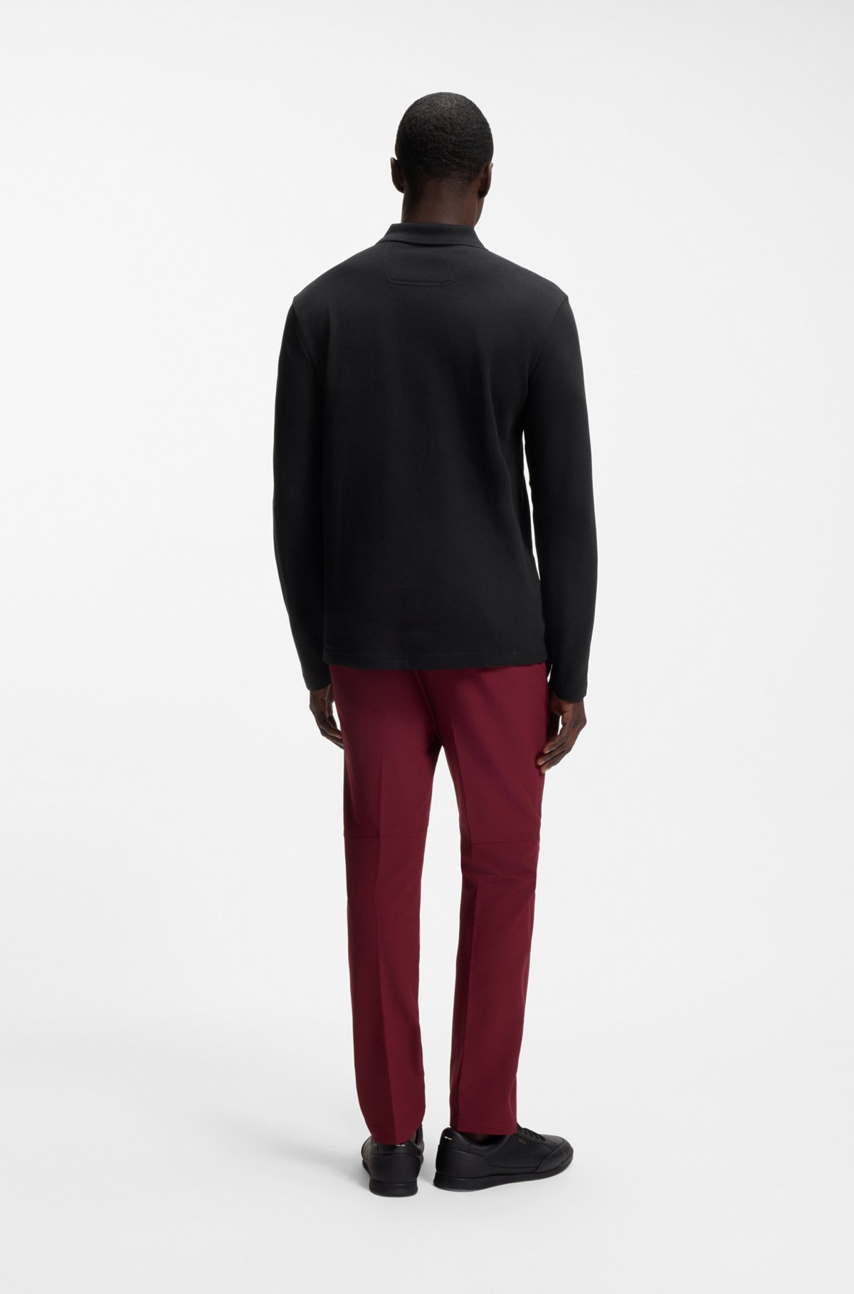 Long-sleeved cotton piqué polo shirt, Black