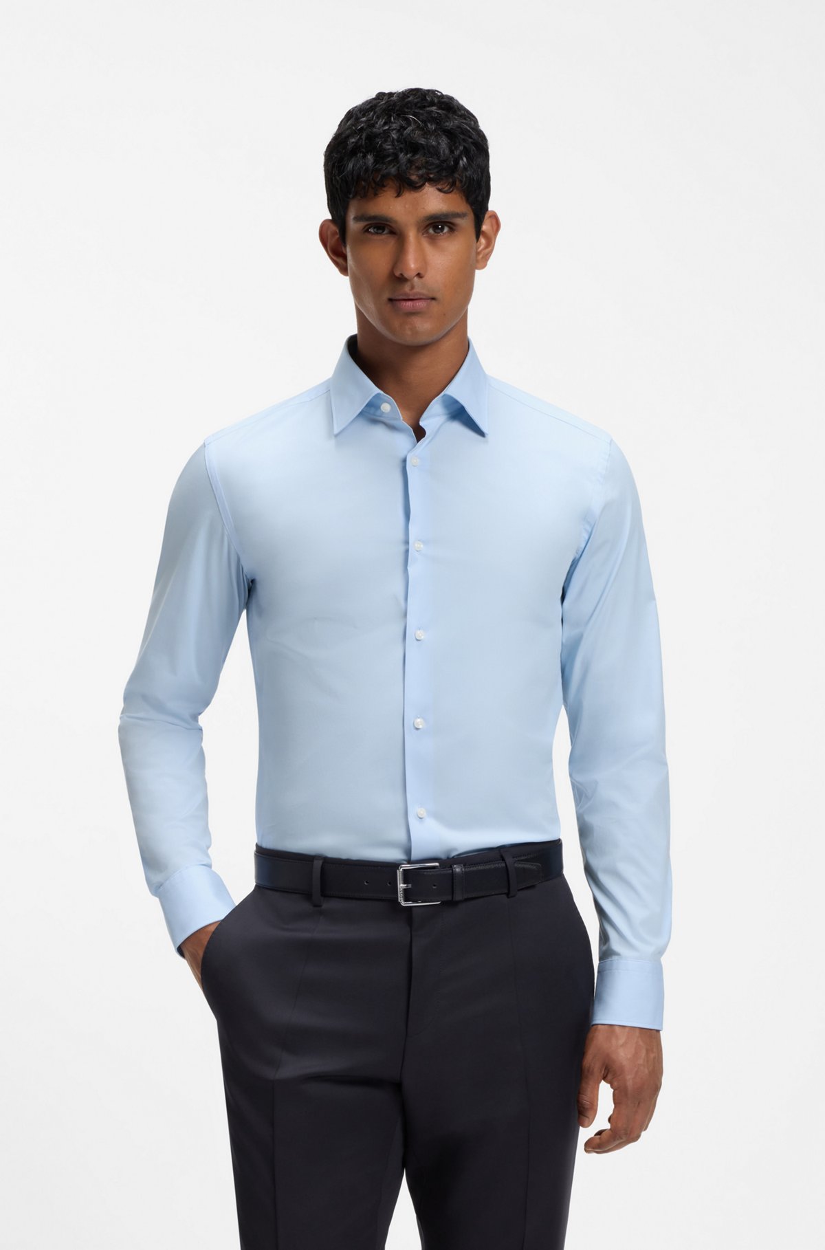 Slim-fit stretch-cotton shirt, Light Blue