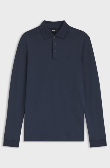 Long-sleeved polo shirt in interlock cotton with logo, Dark Blue