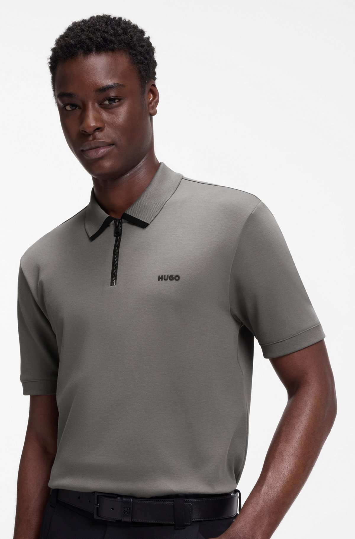 Cotton piqué polo shirt with zip neckline, Dark Grey