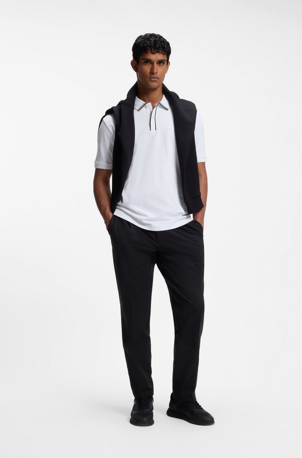 Striped-trim polo shirt in interlock cotton, White