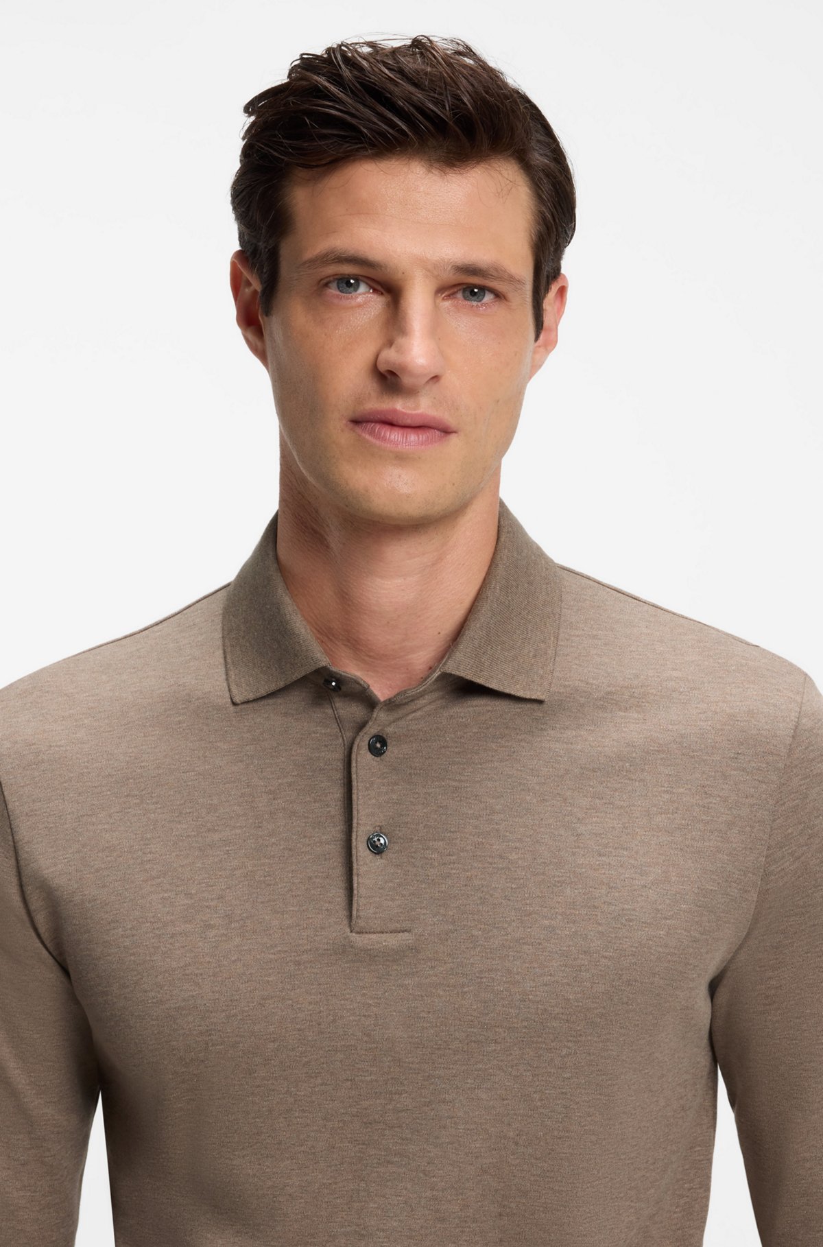 Long-sleeved polo shirt in interlock cotton with logo, Light Brown