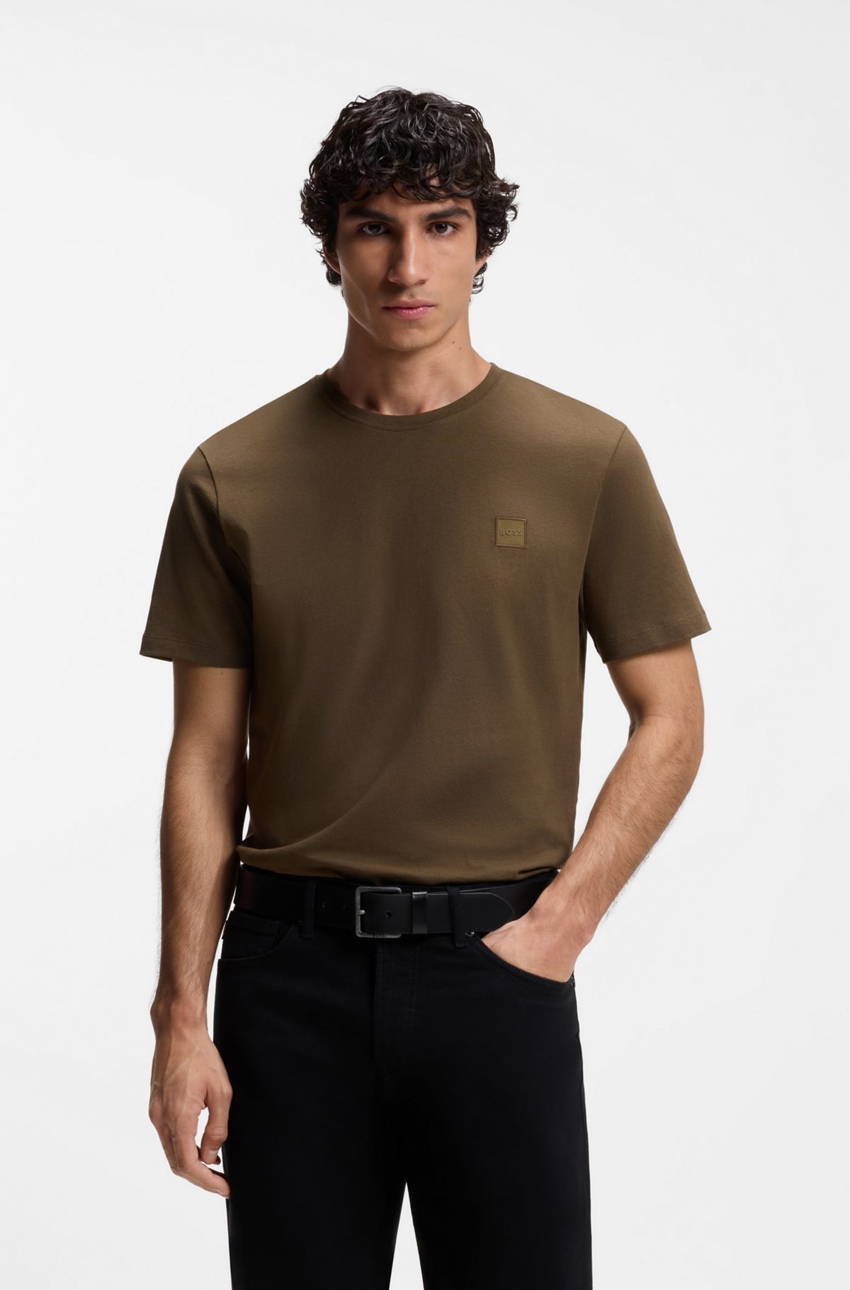 Cotton-jersey T-shirt with logo patch, Dark Brown